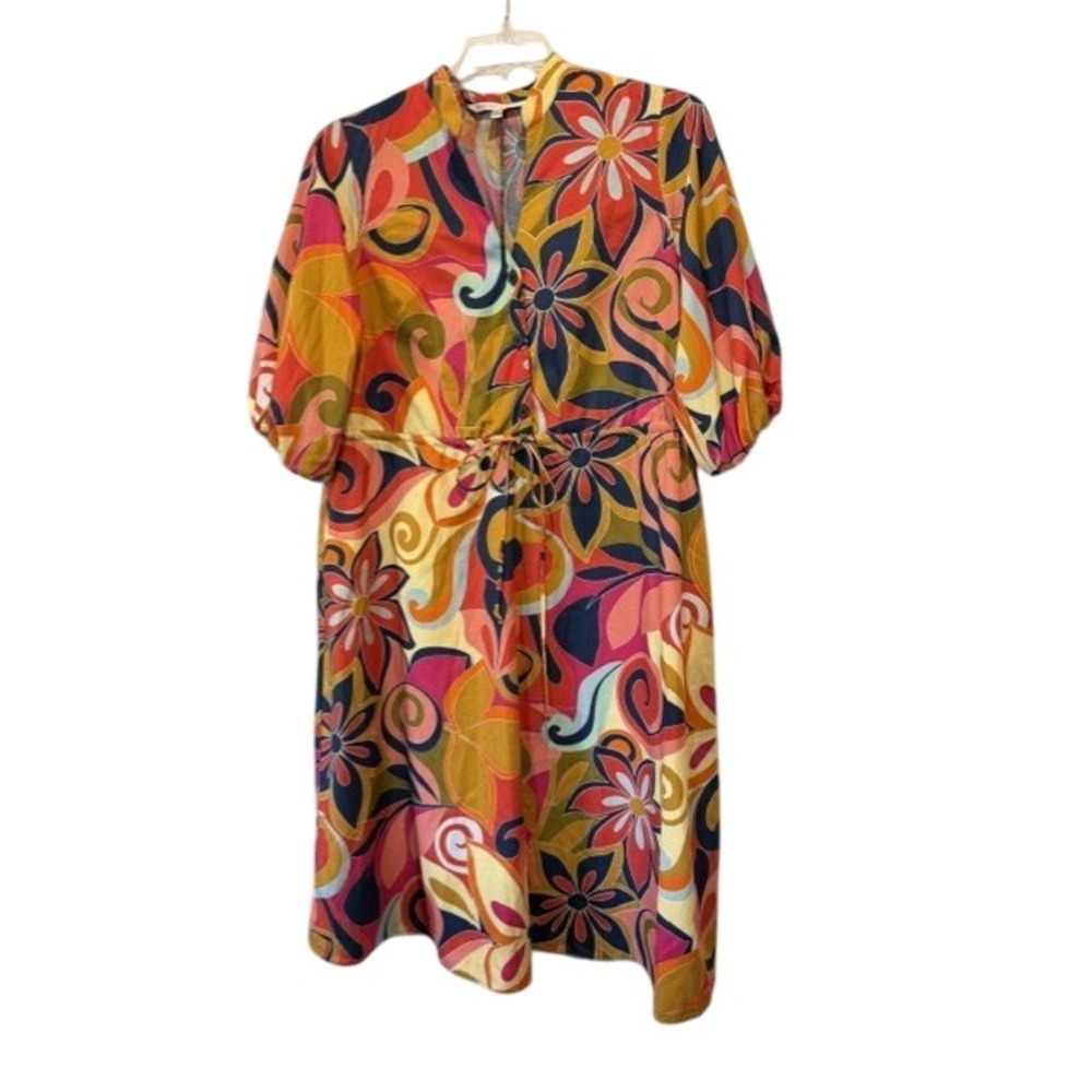 Sandra Darren Dress Womens Multicolor Retro Floral Boho Midi Drawstring Waist L